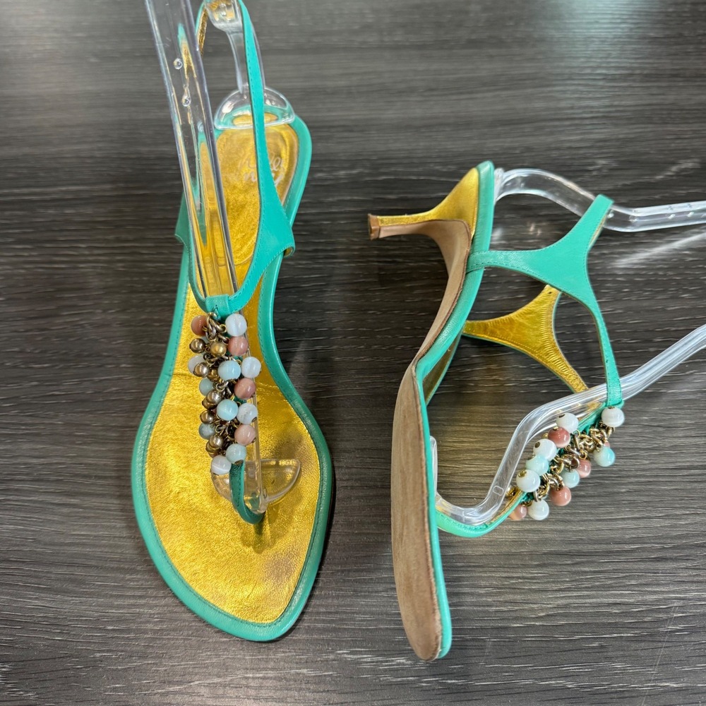 Will's Fancy Wom 8 M Turquoise Gold Beaded Leather Kitten Heel Slingback Sandal